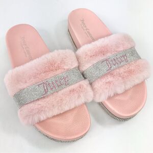 Juicy Couture Pink Faux Fur Rhinestone Strap Signature Slip On Slide Sandals
